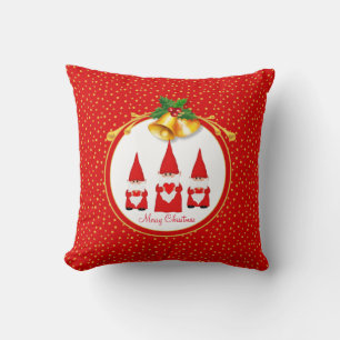 Three Christmas Gnomes & Golden Confetti on Red Cushion