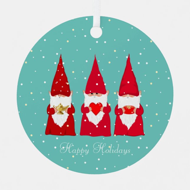 Three Christmas Gnomes on Teal Metal Tree Decoration (Front)