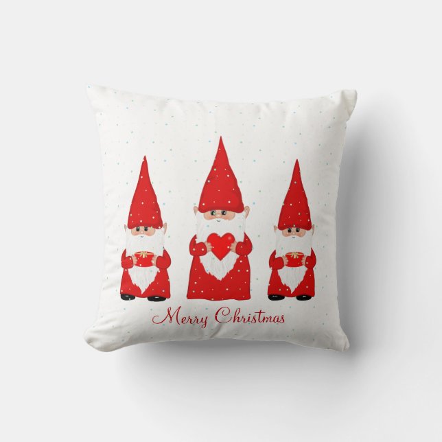 Three Christmas Gnomes on White Cushion (Front)
