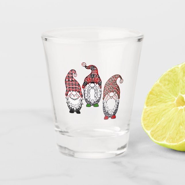  Three Christmas Gnomes Plaid Design | Christmas Shot Glass (Front)