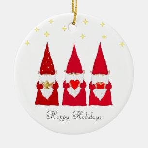 Three Christmas Gnomes & Stars Ceramic Ornament