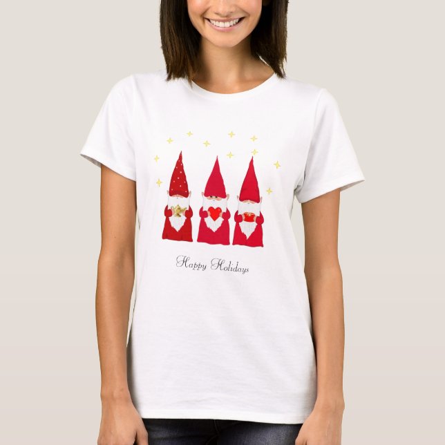 Three Christmas Gnomes & Stars T-Shirt (Front)