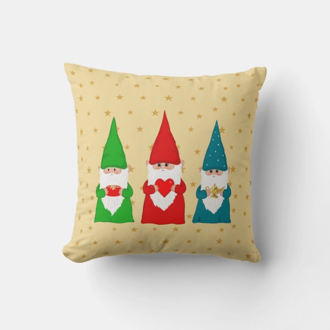 Three Christmas Gnomes & stars throw pillow (Front)