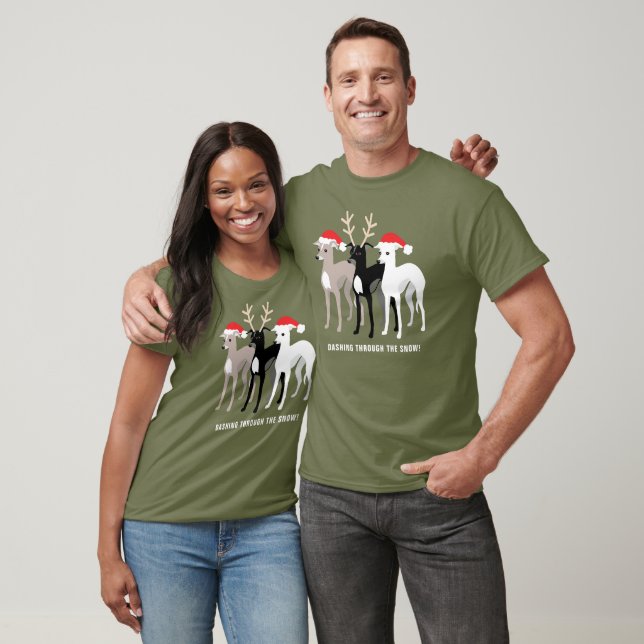 Three Christmas Italian Greyhounds Custom Text T-Shirt (Unisex)