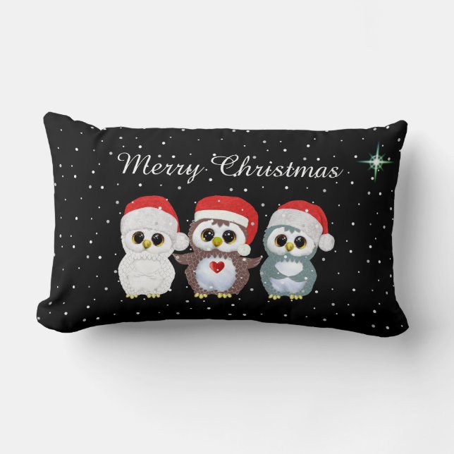 Three Christmas Owls on Black Lumbar Cushion (Front)