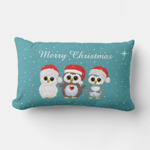 Three Christmas Owls on Sapphire Blue Lumbar Cushion