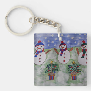 Three Christmas Snowmen Key Ring