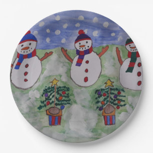 Three Christmas Snowmen Paper Plate