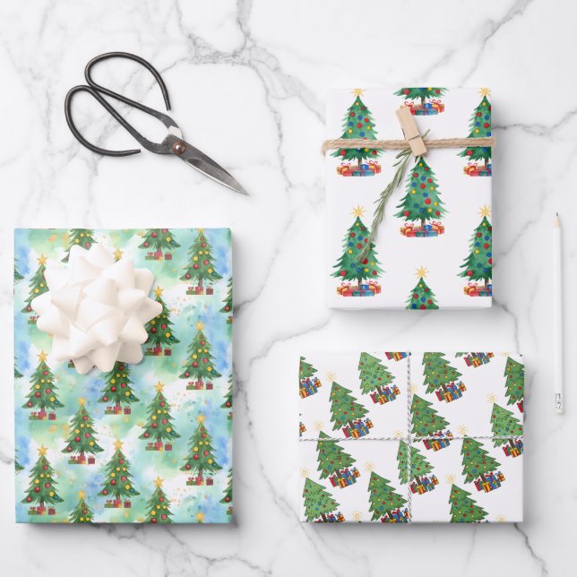 Three Christmas Trees and Gifts Patterns Wrapping Paper Sheet (Front)