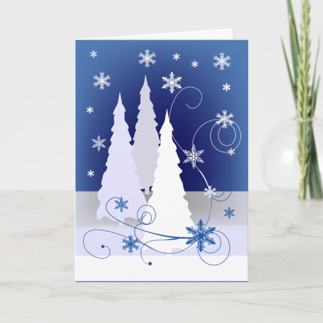 Three Christmas Trees in Blue Holiday Card (Front)