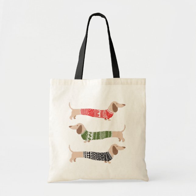 Three Christmas Ugly Sweater Dachshund Dogs Tote Bag (Front)