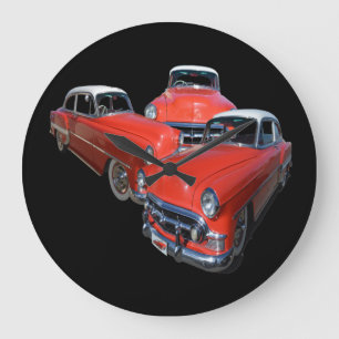 Three Classy Red And White Vintage Cars,  Large Clock