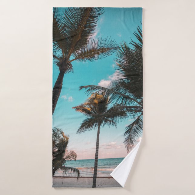 Three coconut trees on seashore bath towel (Bath Towel)