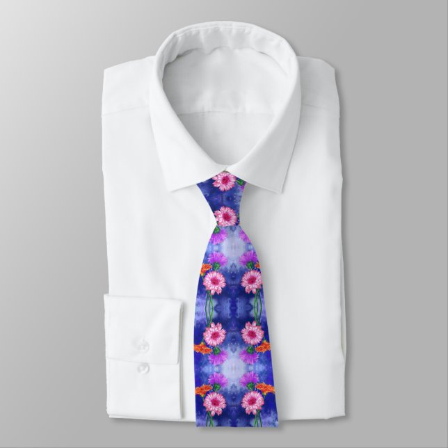 Three Color Gerberas Neck Tie Painting (Tied)