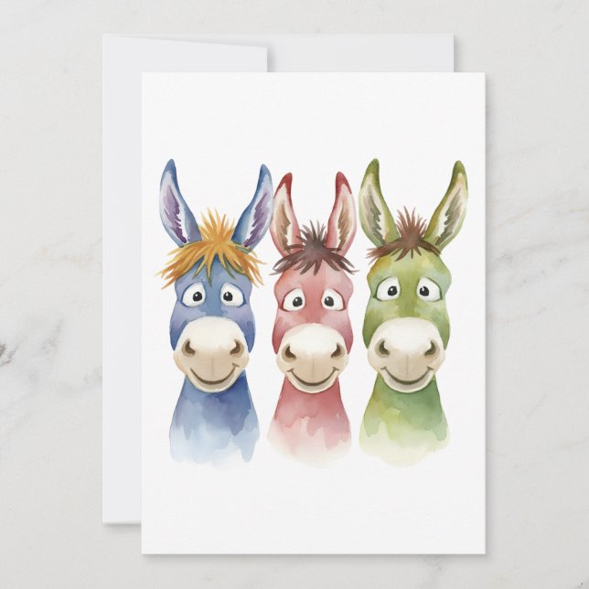 Three Colorful Cartoon Donkeys in Watercolor Style Invitation (Front)