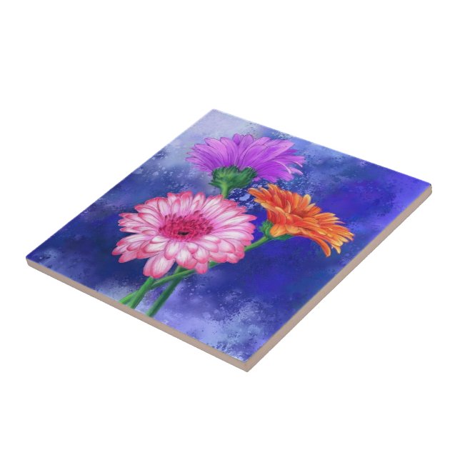 Three Colour Gerberas Ceramic Tile (Side)