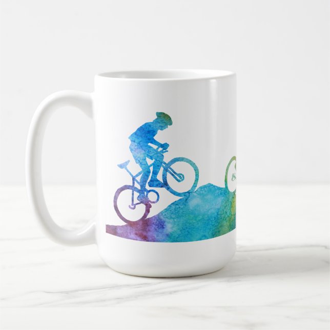 Three Colour-Washed Mountain Bikers Coffee Mug (Left)