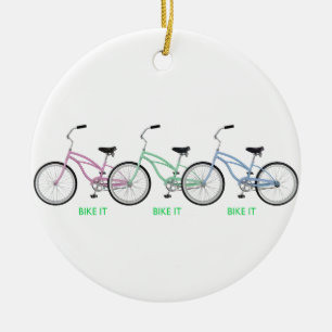 Three colourful bicycles with the words Bike it! Ceramic Tree Decoration