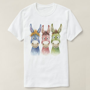 Three Colourful Cartoon Donkeys in Watercolor Styl T-Shirt