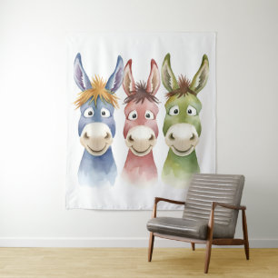 Three Colourful Cartoon Donkeys in Watercolor Styl Tapestry