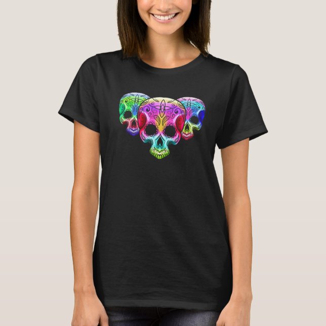 Three Colourful Gradient Sugar Skull Day Of The De T-Shirt (Front)