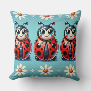 Three Colourful Ladybugs on Blue Background Cushion