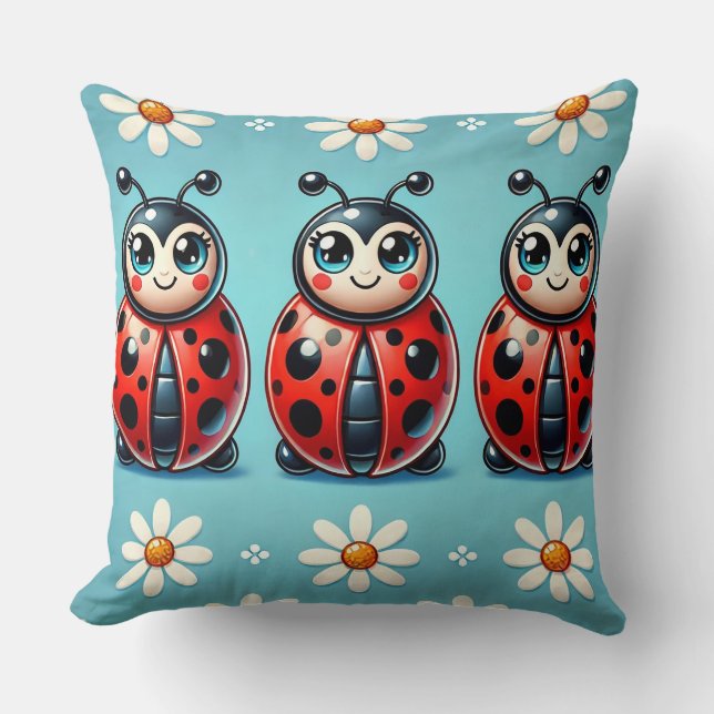 Three Colourful Ladybugs on Blue Background Cushion (Front)