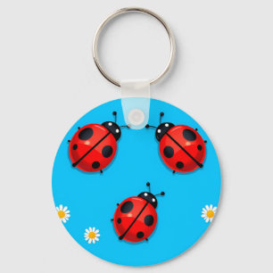 Three Colourful Ladybugs on Blue Background Key Ring