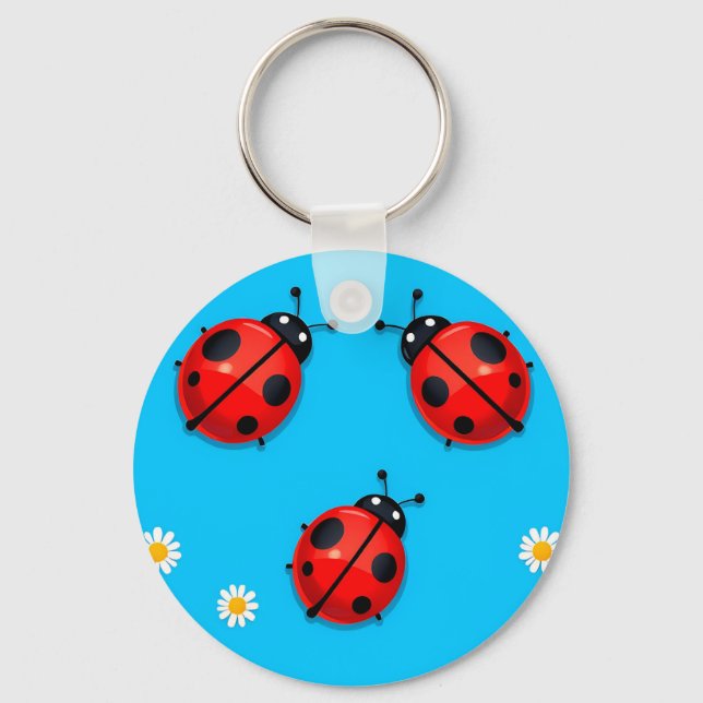 Three Colourful Ladybugs on Blue Background Key Ring (Front)