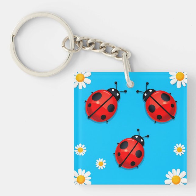 Three Colourful Ladybugs on Blue Background Key Ring (Front)
