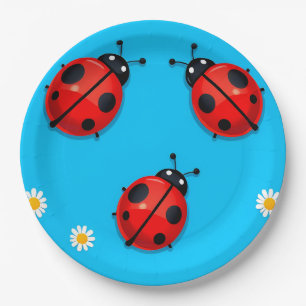 Three Colourful Ladybugs on Blue Background Paper Plate