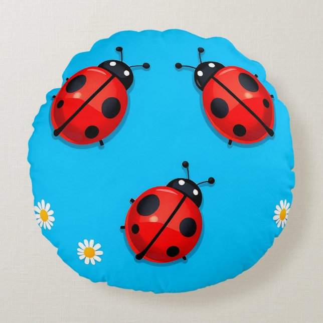 Three Colourful Ladybugs on Blue Background Round Cushion (Front)
