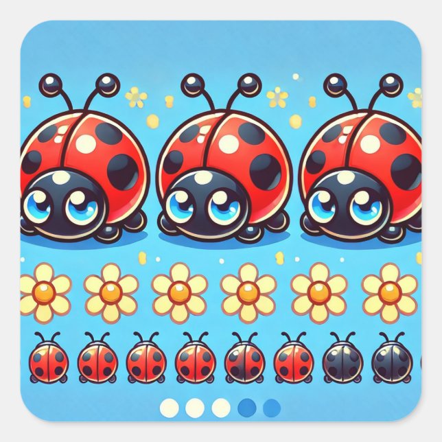 Three Colourful Ladybugs on Blue Background Square Sticker (Front)