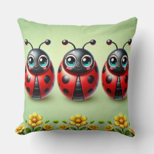 Three Colourful Ladybugs on Green Background Cushion