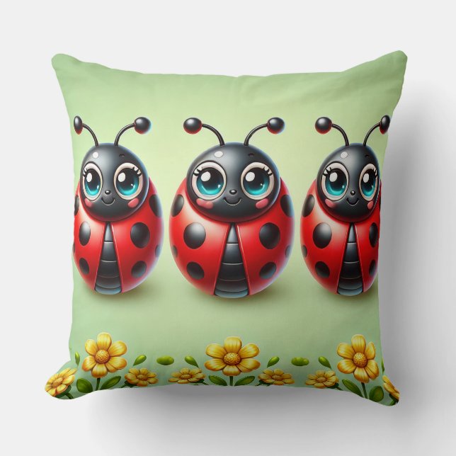 Three Colourful Ladybugs on Green Background Cushion (Front)