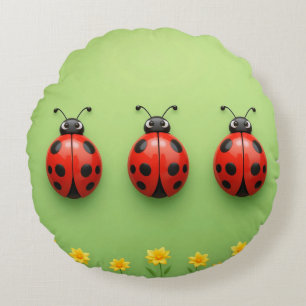 Three Colourful Ladybugs Round Cushion