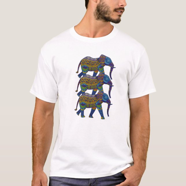 Three Colourful Mosaic Elephants T-Shirt (Front)