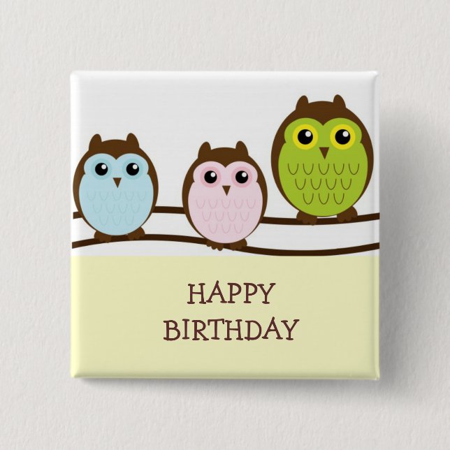 Three Colourful Owls 15 Cm Square Badge (Front)