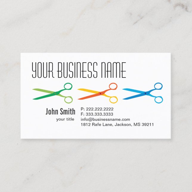 Three Colourful Scissors Hair Salon Business Card (Front)