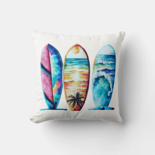 Three Colourful Watercolor Surfboards Cushion