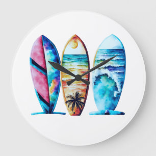 Three Colourful Watercolor Surfboards Large Clock