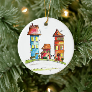 Three Colourful Whimsical Houses Ceramic Ornament