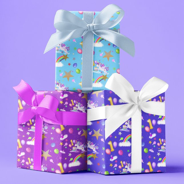 Three Colours 1st Birthday Unicorn Pattern Wrapping Paper Sheet (Creator Uploaded)