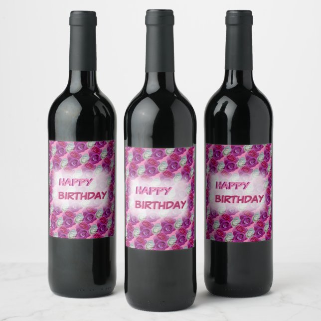 Three Colours Roses Cust. Text Birthday Wine Label (Bottles)