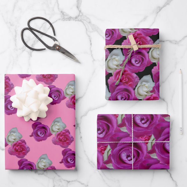 Three Colours Roses Pattern Wrapping Paper Sheets (Front)