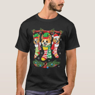 Three Corgi Dogs Inside Noel Socks Merry Christmas T-Shirt