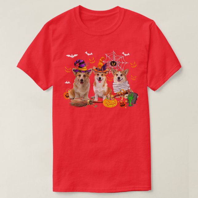 Three Corgi Dogs Witch Halloween Mummy Scary Pumpk T-Shirt (Design Front)