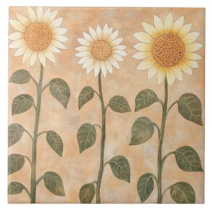 Three Cottagecore Terracotta Sunflowers Ceramic Tile