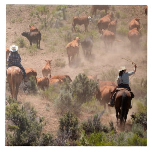 Three cowboys and cowgirls driving cattle ceramic tile