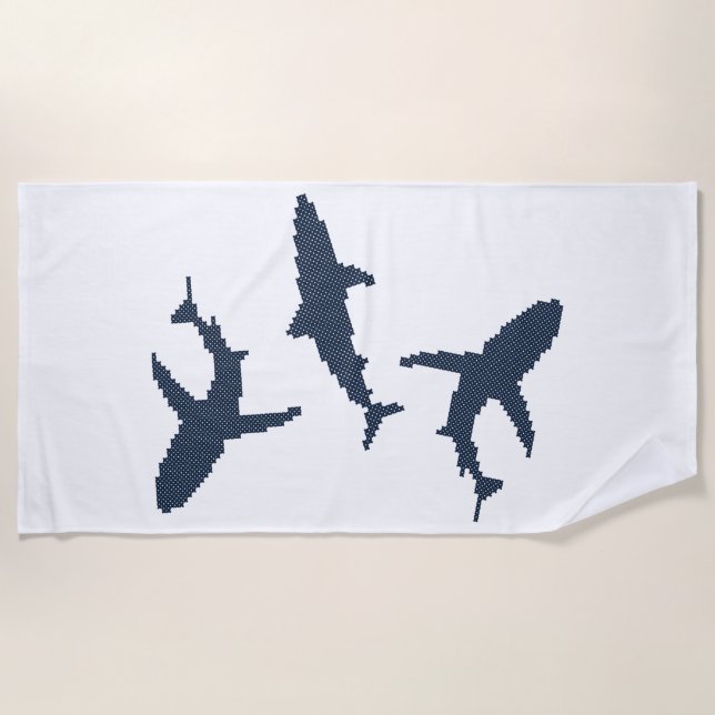 Three cross-stitch design dark blue sharks beach towel (Front)
